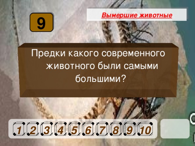 Вымершие животные 9 Предки какого современного животного были самыми большими?  1 2 3 4 5 6 7 8 9 10 