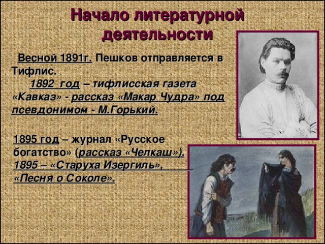 Начало литературной деятельности  Весной 1891г. Пешков отправляется в Тифлис.  1892 год – тифлисская газета «Кавказ» - рассказ «Макар Чудра» под псевдонимом - М.Горький. 1895 год – журнал «Русское богатство» ( рассказ «Челкаш»). 1895 – «Старуха Изергиль», «Песня о Соколе». 