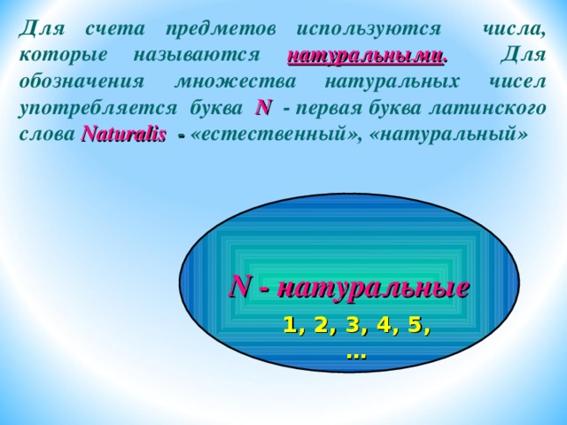 Для счета предметов используются числа, которые называются  натуральными .  Для обозначения множества  натуральных чисел употребляется буква   N   - первая буква латинского слова  Naturalis  - «естественный», «натуральный» N - натуральные 1 , 2, 3, 4, 5, … 