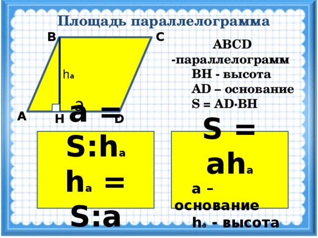 Площадь параллелограмма  ABCD -параллелограмм  ВН - высота  AD – основание  S = AD·BH В С h а a А Н D а = S:h а h а = S:а S = ah а  а – основание   h а - высота 