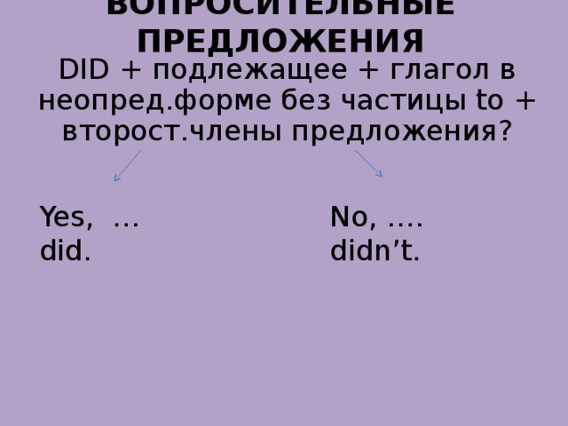 ВОПРОСИТЕЛЬНЫЕ ПРЕДЛОЖЕНИЯ DID + подлежащее + глагол в неопред.форме без частицы to + второст.члены предложения? Yes, … did. No, …. didn’t. 