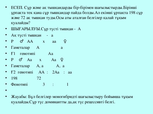 ЕСЕП. Сұр және ақ тышқандарды бір-бірімен шағылыстырды.Бірінші ұрпақта тек қана сұр тышқандар пайда болды.Ал екінші ұрпақта 198 сұр және 72 ақ тышқан туды.Осы аты аталған белгілер қалай тұқым қуалайды? ШЫҒАРЫЛУЫ.Сұр түсті тышқан - А Ақ түсті тышқан     -   а Р      ♂   АА         х       аа       ♀ Гаметалар      А                    а Ғ1    генотипі            Аа Р     ♂    Аа       х         Аа    ♀ Гаметалар      А, а            А,  а Ғ2  генотипі     АА  :    2Аа    :   аа 198                  72 Фенотипі              3       :            1   Жауабы: Бұл белгілер моногибридті шағылыстыру бойынша тұқым қуалайды.Сұр түс доминантты да,ақ түс рецессивті белгі.  