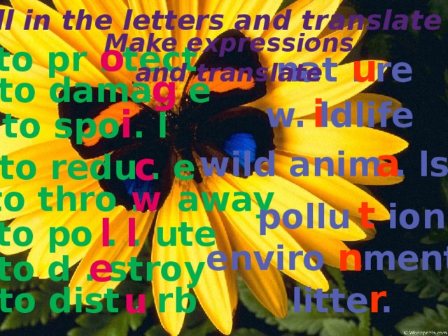 Fill in the letters and translate Make expressions and translate o to pr . tect u nat . re g to dama . e i w. ldlife i to spo . l a c wild anim . ls to redu . e to thro . away w t pollu . ion l l to po . . ute n enviro . ment e to d . stroy r litte . u to dist . rb 