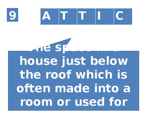 9 A T T I C The space in a house just below the roof which is often made into a room or used for storing furniture.