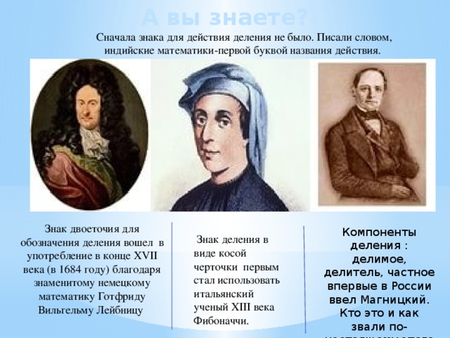 А вы знаете? Сначала знака для действия деления не было. Писали словом, индийские математики-первой буквой названия действия. Знак двоеточия для обозначения деления вошел в употребление в конце XVII века (в 1684 году) благодаря знаменитому немецкому математику Готфриду Вильгельму Лейбницу Компоненты деления : делимое, делитель, частное впервые в России ввел Магницкий. Кто это и как звали по-настоящему этого ученого?  Знак деления в виде косой черточки первым стал использовать итальянский ученый XIII века Фибоначчи.  