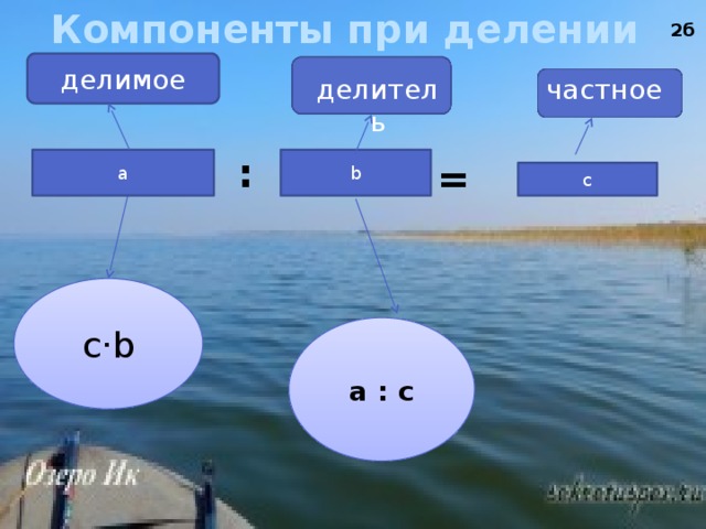 Компоненты при делении 2б делимое . делитель частное : = a b c c·b a : c 