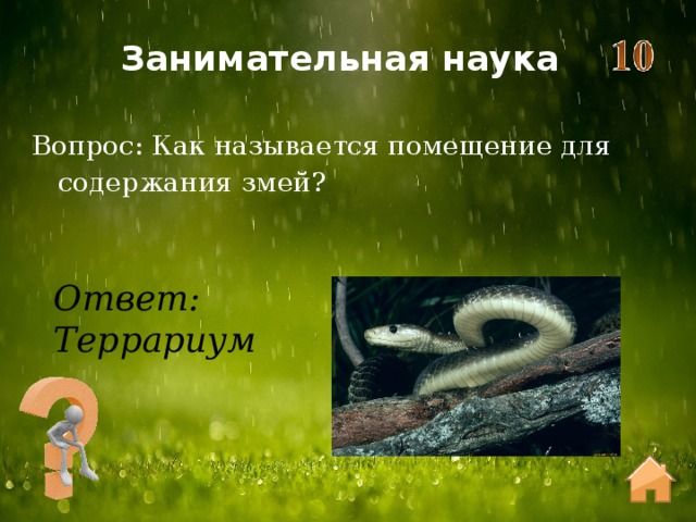Занимательная наука Вопрос: Как называется помещение для содержания змей? Ответ: Террариум 