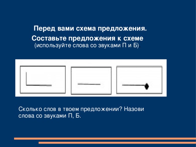 Перед вами схема предложения.  Составьте предложения к схеме (используйте слова со звуками П и Б) . Сколько слов в твоем предложении? Назови слова со звуками П, Б. . 