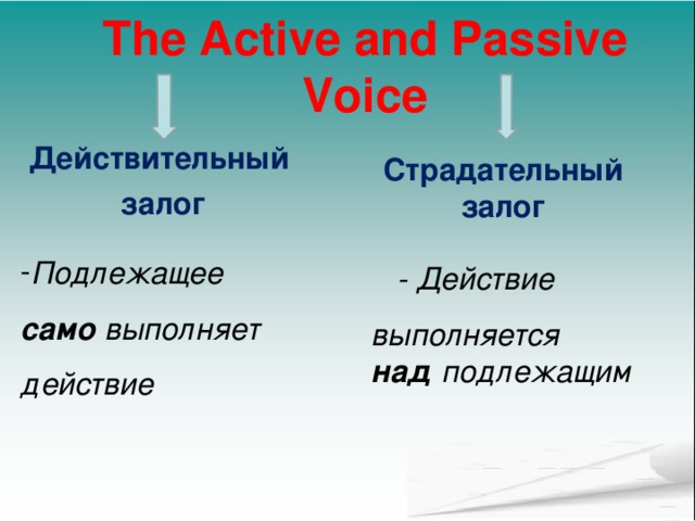 The Active and Passive Voice Действительный залог Страдательный залог Подлежащее само выполняет действие  - Действие  выполняется над подлежащим 