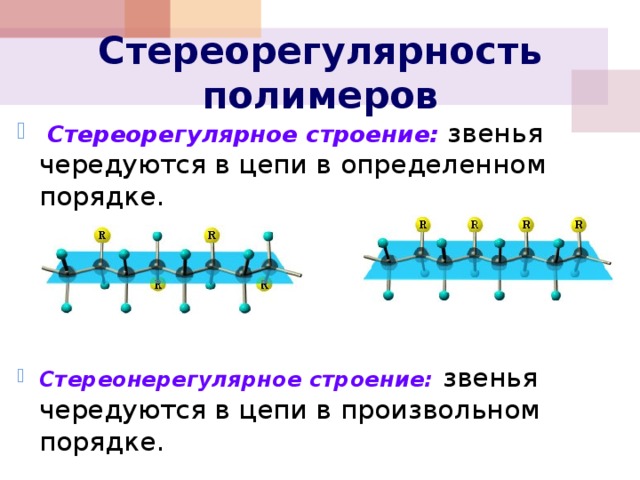 Стереорегулярность полимеров  Стереорегулярное строение: звенья чередуются в цепи в определенном порядке.  Стереонерегулярное строение:  звенья чередуются в цепи в произвольном порядке. 