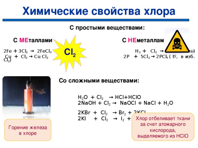 Химические свойства хлора  С простыми веществами:   С МЕ таллами  С НЕ металлами  2Fe + 3Cl 2 → 2FeCl 3 H 2 + Cl 2 → 2HCl (tº, hυ)  Cu + Cl 2 → Cu Cl 2 2P + 5Cl 2 → 2PCl 5 ( tº, в изб. Сl 2 )  Со сложными веществами:   H 2 O  + Cl 2 → HCl+HClO  2NaOH + Cl 2 → NaOCl + NaCl + H 2 O жавелевая вода   2KBr  + Cl 2 → Br 2 + 2КCl  2KI  + Cl 2  → I 2 + 2КCl   Cl 2 Хлор отбеливает ткани за счет атомарного кислорода, выделяемого из Н ClO Горение железа в хлоре  