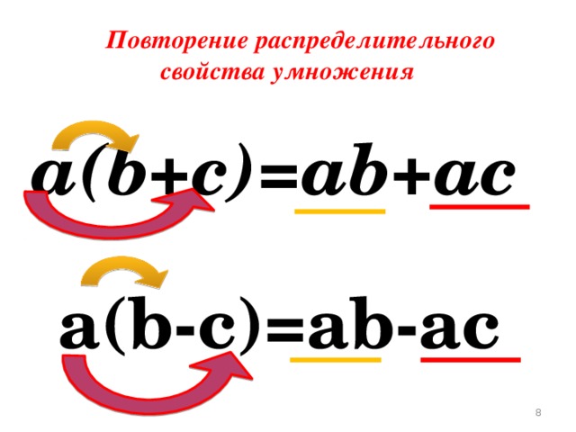  Повторение распределительного свойства умножения a(b+c)=ab+ac a(b-c)=ab-ac  