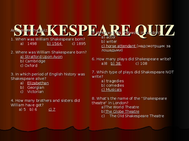 William Shakespeare Quiz. When was William Shakespeare born. Quiz about Shakespeare. Where is the National Shakespeare Theatre?. Where shakespeare born was were