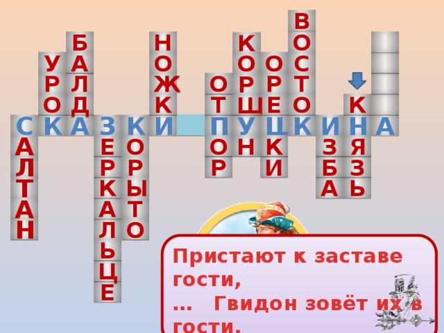 в о б н к о а у с о о р ж о р л т р о к е д т к о ш у И з ш к П н а к с к и а о а з к е о н я л и р р р б з т а к ь ы а а т л н о Пристают к заставе гости, … Гвидон зовёт их в гости. ь ц е 