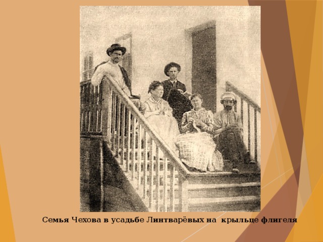  Семья Чехова в усадьбе Линтварёвых на крыльце флигеля 