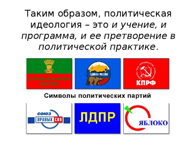 Таким образом, политическая идеология – это и учение, и программа, и ее претворение в политической практике .   