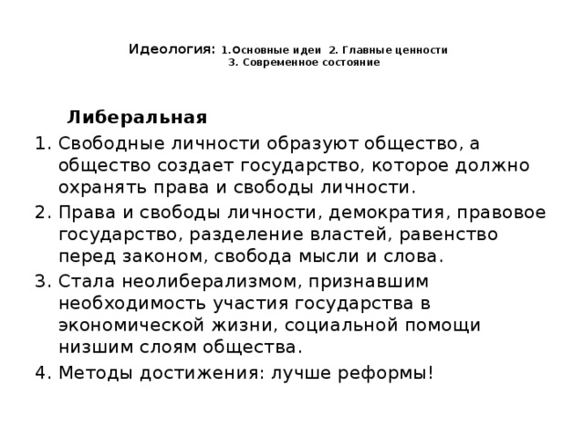  Идеология: 1. о сновные идеи 2. Главные ценности  3. Современное состояние    Либеральная Свободные личности образуют общество, а общество создает государство, которое должно охранять права и свободы личности. Права и свободы личности, демократия, правовое государство, разделение властей, равенство перед законом, свобода мысли и слова. Стала неолиберализмом, признавшим необходимость участия государства в экономической жизни, социальной помощи низшим слоям общества. Методы достижения: лучше реформы! 