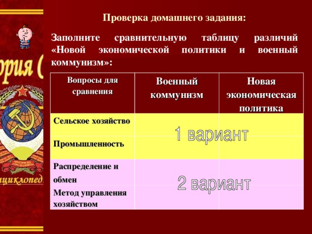 Проверка домашнего задания: Заполните сравнительную таблицу различий «Новой экономической политики и военный коммунизм»: Вопросы для сравнения Военный коммунизм Сельское хозяйство Новая экономическая политика Промышленность Распределение и обмен Метод управления хозяйством 