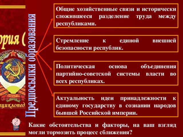 Общие хозяйственные связи и исторически сложившееся разделение труда между республиками. Стремление к единой внешней безопасности республик. Политическая основа объединения партийно-советской системы власти во всех республиках. Актуальность идеи принадлежности к единому государству в сознании народов бывшей Российской империи. Какие обстоятельства и факторы, на ваш взгляд могли тормозить процесс сближения? 