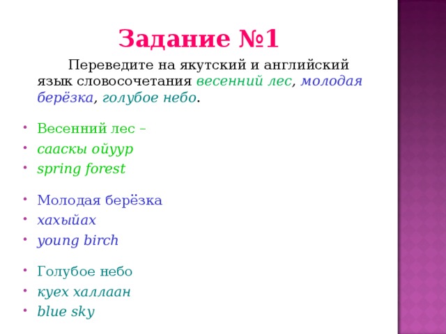 Задание №1   Переведите на якутский и английский язык словосочетания весенний лес , молодая берёзка , голубое небо .
