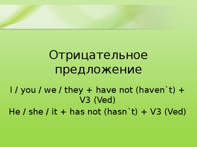 Отрицательное предложение I / you / we / they + have not (haven`t) + V3 (Ved) He / she / it + has not (hasn`t) + V3 (Ved) 