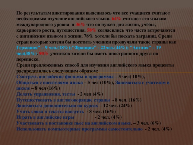 По результатам анкетирования выяснилось что все учащиеся считают необходимым изучение английского языка. 64% считают его языком международного уровня и 36% что он нужен для жизни, учёбы, карьерного роста, путешествия. 58% согласились что часто встречаются с английским языком в жизни. 78% хотели бы поехать заграниц. Среди стран которые хотели бы посетить ученики прозвучали такие страны как Германия