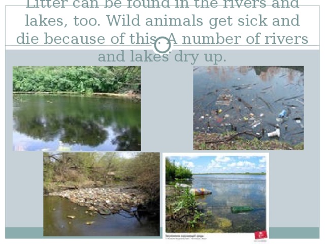 Litter can be found in the rivers and lakes, too. Wild animals get sick and die because of this. A number of rivers and lakes dry up. 