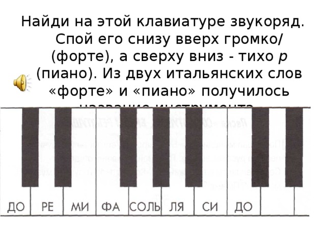 Найди на этой клавиатуре звукоряд. Спой его снизу вверх громко/(форте), а сверху вниз - тихо р (пиано). Из двух итальянских слов «форте» и «пиано» получилось название инструмента.