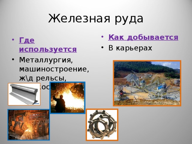 Железная руда Как добывается В карьерах  Где используется Металлургия, машиностроение, ж\д рельсы, станкостроение 