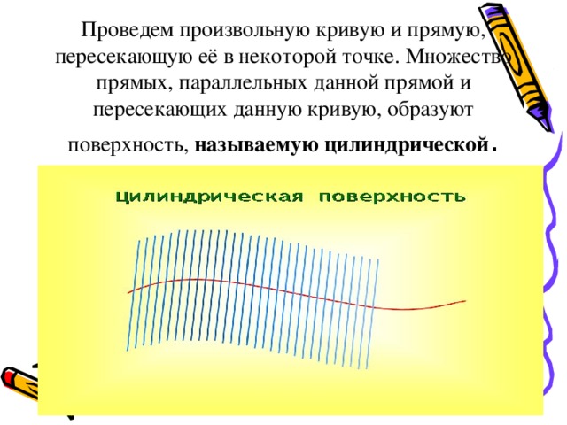 Проведем произвольную кривую и прямую, пересекающую её в некоторой точке. Множество прямых, параллельных данной прямой и пересекающих данную кривую, образуют поверхность, называемую цилиндрической . 