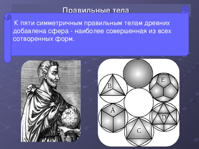  Правильные тела    К пяти симметричным правильным телам древних добавлена сфера - наиболее совершенная из всех сотворенных форм.   