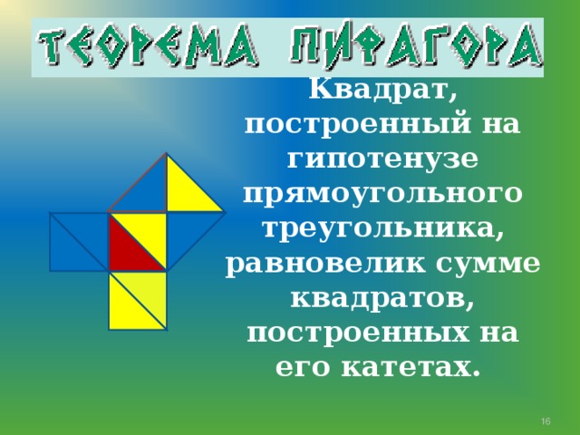 Квадрат, построенный на гипотенузе прямоугольного треугольника, равновелик сумме квадратов, построенных на его катетах. 7 