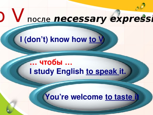  to V  после  necessary expressions I (don’t) know how to V … чтобы … I study English to speak it. You’re welcome to taste it 