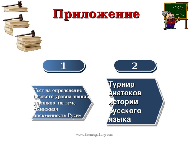 Приложение 1 2 Турнир знатоков истории русского языка Тест на определение базового уровня знаний учеников по теме «Книжная письменность Руси» www.themegallery.com 