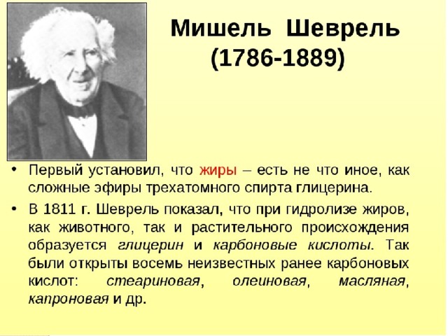 История Жиры известны человечеству с незапамятных времен. Еще в древности они находили широкое применение не только как продукты питания, но и в качестве смазочных средств и растворителей. Но только в конце XVIII века была выяснена химическая природа жиров.  Шееле, нагревая жиры со щелочами, получил «сладкое масло», названное впоследствии глицерином. В 1823 г. Шеврель установил, что жиры при гидролизе дают, кроме глицерина, ряд органических кислот. Он изучил строение важнейших кислот, входящих в состав жиров и дал им названия (стеариновая, пальмитиновая, олеиновая и др.). 