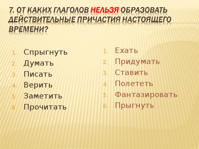 Нельзя образованный. От каких глаголов не образуются причастия. От каких глаголов образуются действительные причастия настоящего. От каких глаголов нельзя образовать страдательные причастия. Глаголы от которых нельзя образовать страдательные причастия.