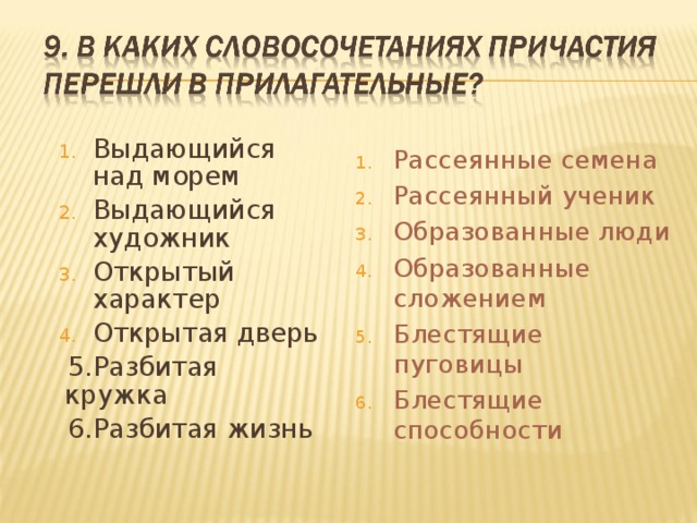 Выдающийся над морем Выдающийся художник Открытый характер Открытая дверь Выдающийся над морем Выдающийся художник Открытый характер Открытая дверь  5.Разбитая кружка  6.Разбитая жизнь Рассеянные семена Рассеянный ученик Образованные люди Образованные сложением Блестящие пуговицы Блестящие способности  