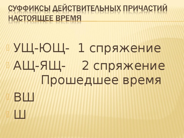 УЩ-ЮЩ- 1 спряжение АЩ-ЯЩ- 2 спряжение Прошедшее время ВШ Ш 