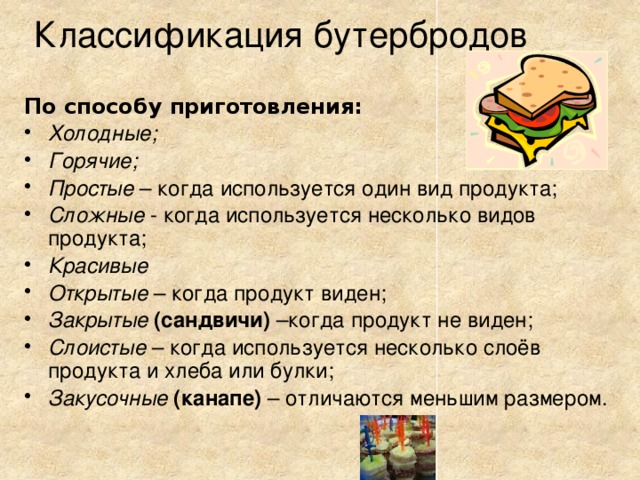 Классификация бутербродов По способу приготовления: