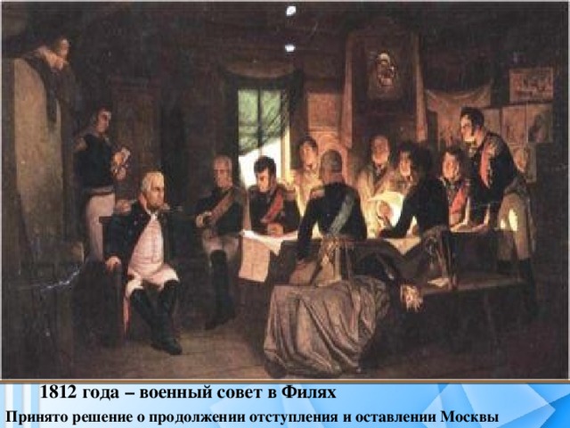 1812 года – военный совет в Филях Принято решение о продолжении отступления и оставлении Москвы 