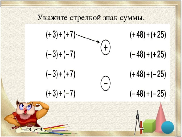 Знакомы суммы. Укажите стрелкой знак суммы. Укажите стрелкой знак суммы +3 +7. Укажите стрелкой знак произведения (+3)×(+7). Знак сложения и сумма.