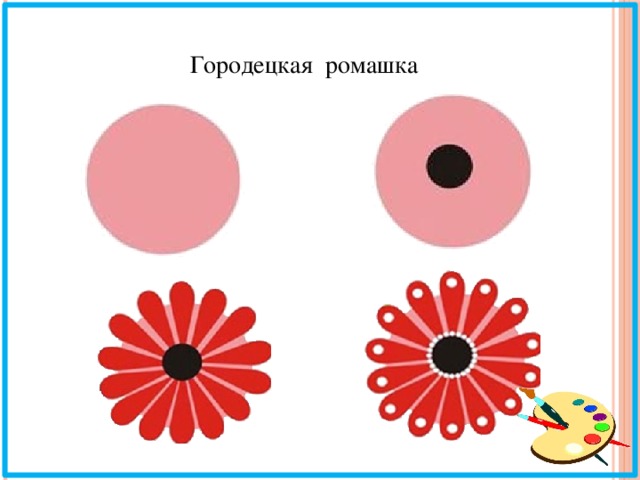 Последовательность изображения цветов. Городецкая роспись элементы Ромашка. Городецкая роспись Ромашка поэтапно. Элементы Городецкой росписи Ромашка. Поэтапное рисование Городецкой ромашки.