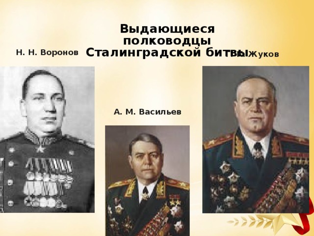 Выдающиеся полководцы Сталинградской битвы Н. Н. Воронов Г. К. Жуков А. М. Васильев 