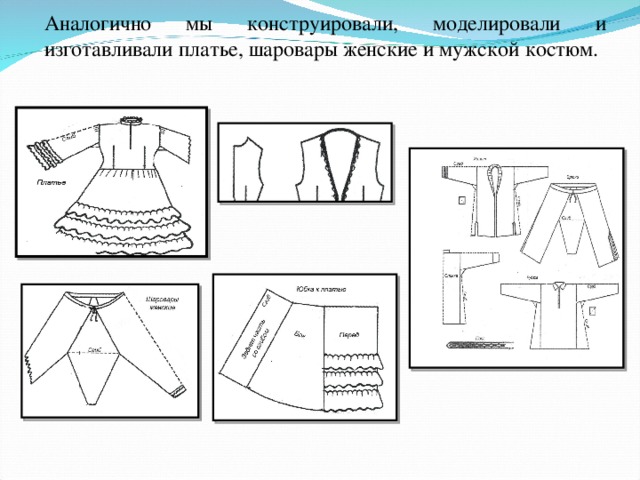 Аналогично мы конструировали, моделировали и изготавливали платье, шаровары женские и мужской костюм. 