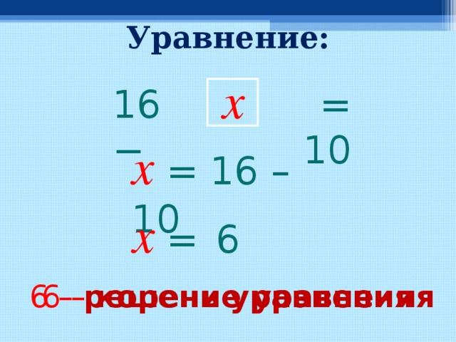 Уравнение: x = 10 16 − x  =  16 – 10 x  =   6 6 – корень  уравнения 6 –  решение  уравнения  