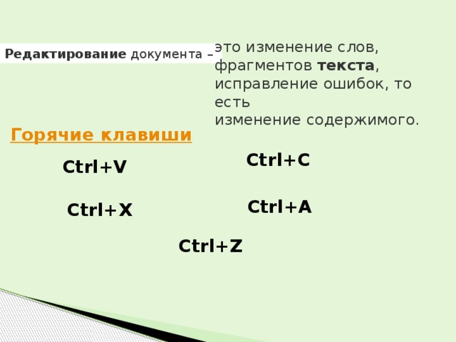 это изменение слов, фрагментов  текста , исправление ошибок, то есть изменение содержимого.  Редактирование  документа –   Ctrl+C   Ctrl+V Ctrl+А Ctrl+X Ctrl+Z 