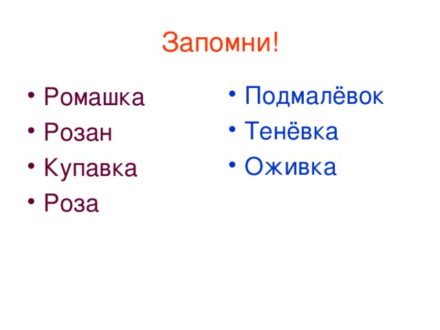 Запомни! Подмалёвок Тенёвка Оживка  Ромашка Розан Купавка Роза  