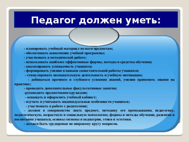 Педагог должен уметь: - планировать учебный материал по всем предметам; - обеспечивать выполнение учебной программы; - участвовать в методической работе; - использовать наиболее эффективные формы, методы и средства обучения; - анализировать успеваемость учащихся; - формировать умения и навыки самостоятельной работы учащихся;  - стимулировать познавательную деятельность и учебную мотивацию;  - добиваться прочного и глубокого усвоения знаний, умения применять знания на практике; - проводить дополнительные факультативные занятия; -руководить предметными кружками;  - оснащать и оформлять учебный кабинет; - изучать и учитывать индивидуальные особенности учащихся;  - участвовать в работе с родителями; - должен в совершенстве знать предмет, методику его преподавания, педагогику, педагогическую, возрастную и социальную психологию, формы и методы обучения, развития и воспитания учащихся, основы гигиены и педиатрии, этики и эстетики. - должен быть эрудирован по широкому кругу вопросов.  