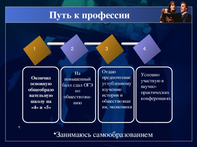 Путь к профессии 1 4 3 2 Отдаю предпочтение углубленному изучению истории и обществознания, экономики На повышенный балл сдал ОГЭ по обществозна- нию Успешно участвую в научно-практических конференциях Окончил основную общеобразовательную школу на «4» и «5» . Занимаюсь самообразованием 