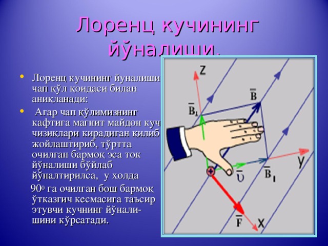  Лоренц кучининг й ў налиши . Лоренц кучининг йуналиши чап қў л қ оидаси билан ани қ ланади:  Агар чап қўлимизнинг кафтига магнит майдон куч чизиқлари кирадиган қилиб жойлаштириб, тўртта очилган бармоқ эса ток йўналиши бўйлаб йўналтирилса, у ҳолда  90 0 га очилган бош бармоқ ўтказгич кесмасига таъсир этувчи кучнинг йўнали-шини кўрсатади. 